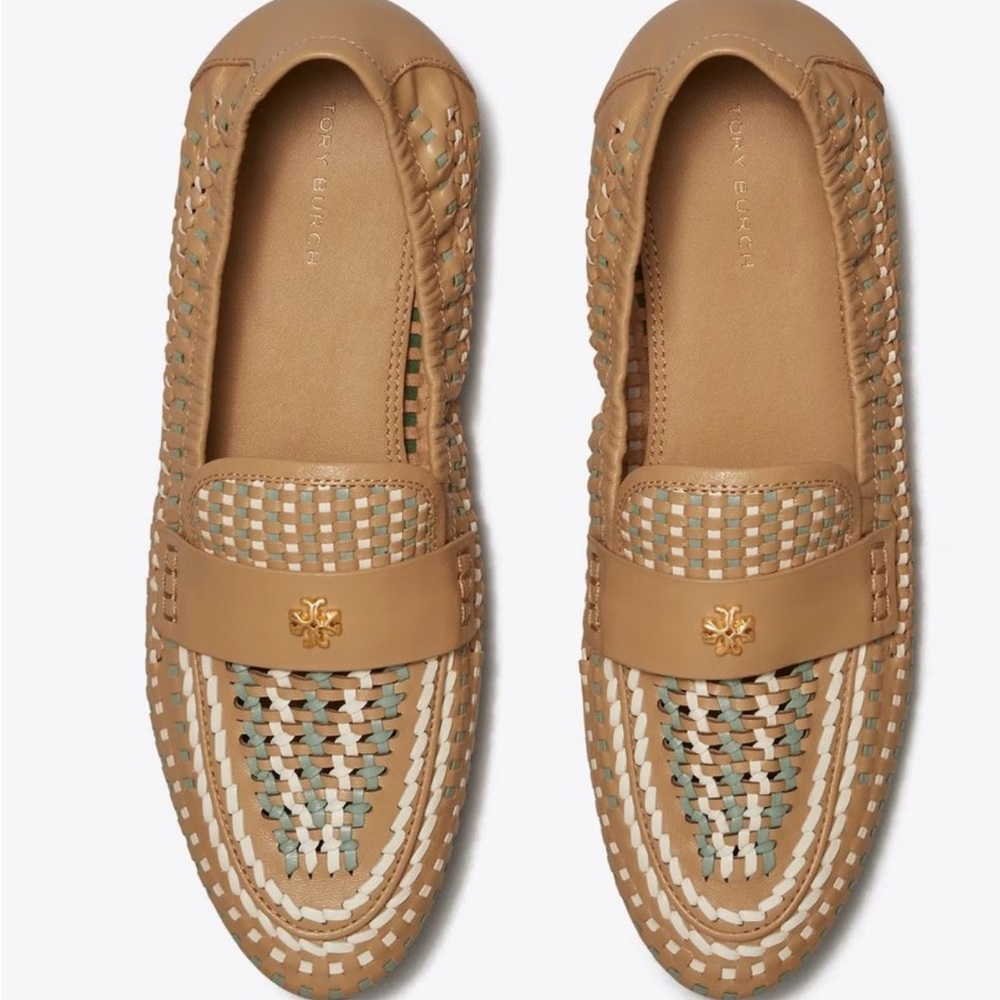 Tory Burch Tan and Green Suede Loafers with Woven Vamp